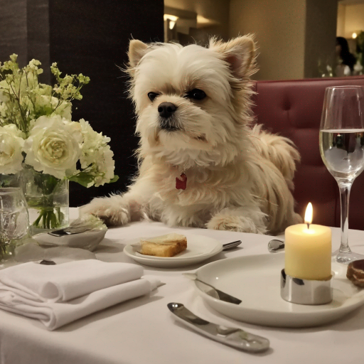 Bild von einem romantischen Abendessen mit Hund Flocke im Restaurant, mit weißen Rosen, Kerze und Weinglas