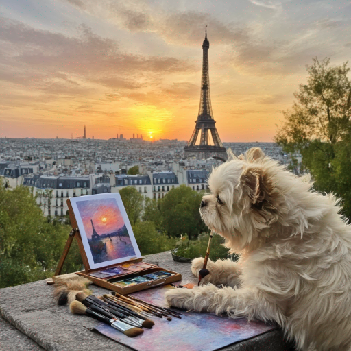 Hund Flocke auf einer terasse in Paris. Flocke malt ein Bild von der Ausssicht. Eiffelturm im Hintergrund.