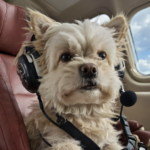 Hund Flocke als Pilot im Cockpit mit Kopfhörern und Mikrofon