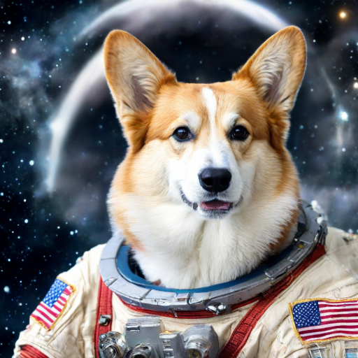 Corgi Frodo als Astronaut in einem Raumanzug