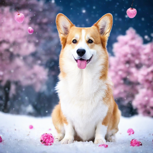 Corgi Frodo im Schnee, mit blühenden Sakuras