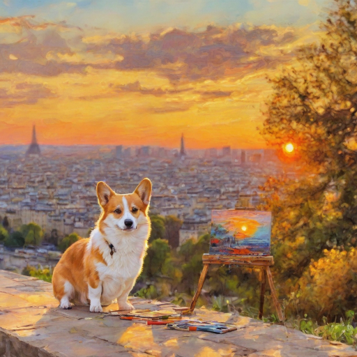 Corgi Frodo neben seinem gemalten impressionistischen Bild. Er sitzt auf einem Hügel und hat die Staddt im Hintergrund. Es ist Sonnenaufgang.