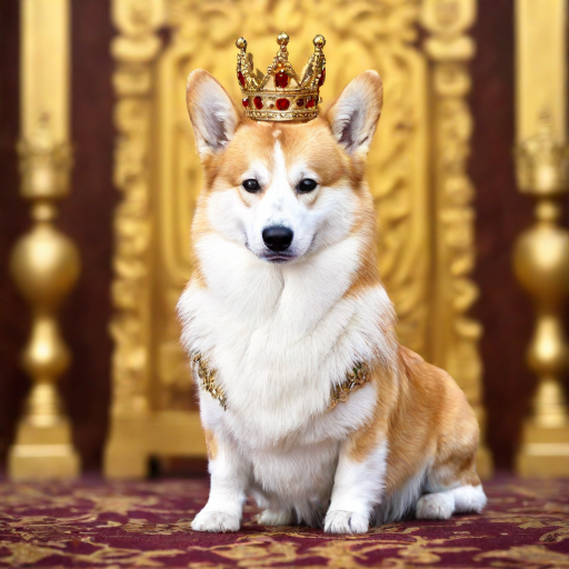 Corgi Frodo mit einer goldenen Krone vor seinem goldenen Thron