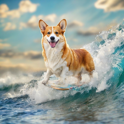 Corgi Frodo auf einem Surfbrett, wie er auf einer Welle surft