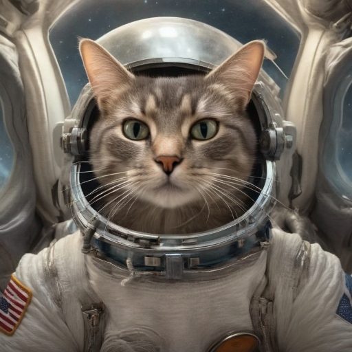 Kater Mischa als Astronaut im Raumanzug, Kapsel im Hintergrund