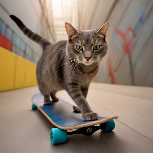 Kater Mischa fährt auf einem blauen Skateboard